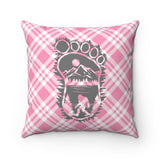 Bigfoot in print with forest (Pink Plaid) - Spun Polyester Square Pillow