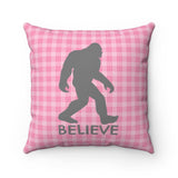 Bigfoot Believe (pink plaid) - Spun Polyester Square Pillow