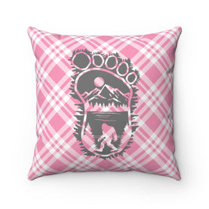 Bigfoot in print with forest (Pink Plaid) - Spun Polyester Square Pillow