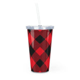 Sasquatch forest service sign (red buffalo plaid)  - Plastic Tumbler with Straw