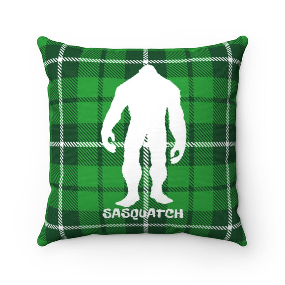 Sasquatch white silhouette (green plaid) - Spun Polyester Square Pillow
