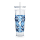Coffee gets me started, squatching keeps me going (blue plaid)  - Plastic Tumbler with Straw