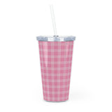 Bigfoot in tree (pink plaid)  - Plastic Tumbler with Straw