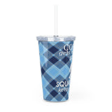 Coffee gets me started, squatching keeps me going (blue plaid)  - Plastic Tumbler with Straw
