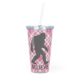 Bigfoot Believe (pink plaid)  - Plastic Tumbler with Straw