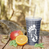 Bigfoot in print (navy blue plaid)  - Plastic Tumbler with Straw