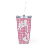 Bigfoot in print (pink plaid)  - Plastic Tumbler with Straw